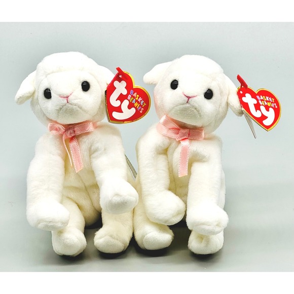 Ty Other - Ty Basket Beanies‎ Lullaby Lamb Plush Easter White Pink Ribbon 2003 Set of 2